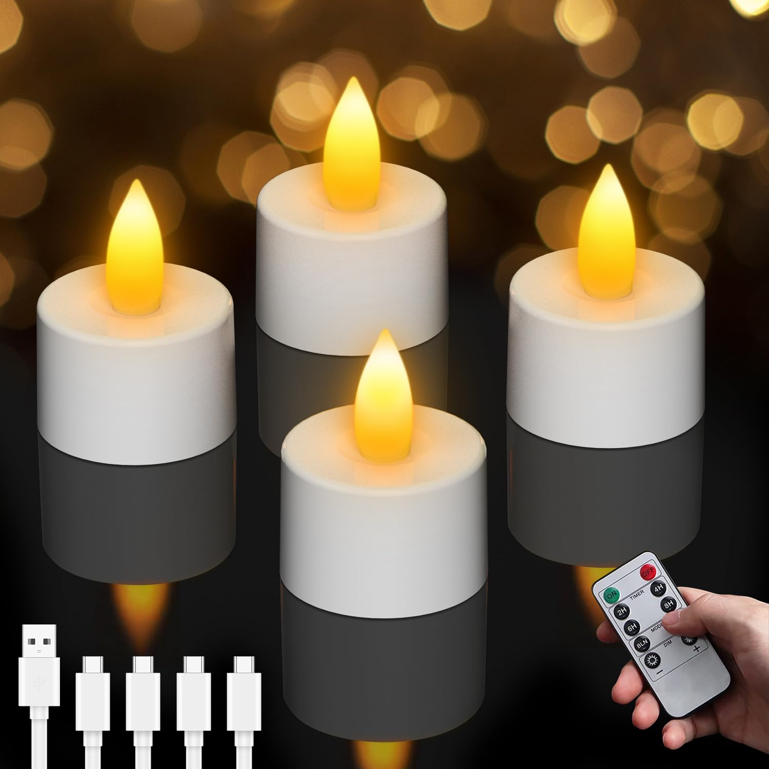 Lepwings 4 Stück LED Teelichter Wiederaufladbar mit Timer & Fernbedienung, Flackernde Elektrische Teelichter mit Ladestation, 18–95 Std Leuchtdauer, LED Kerzen für Valentinstag, Tischdeko & Party