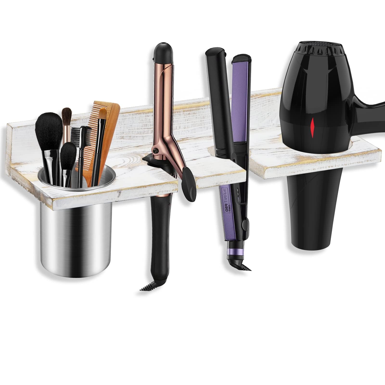 Organizador de herramientas para el cabello montado en la pared, construcción de madera de pino resistente, taza de acero inoxidable extraíble, sostiene secadores de pelo, alisadores, rizadores