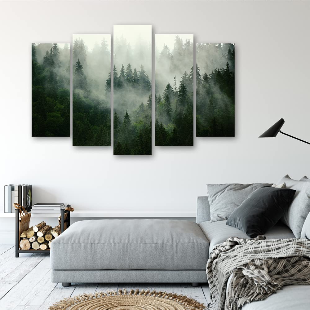 Feeby Bild Auf Leinwand 200x100 cm Wald im Nebel 5 tlg Modern Bilder Wandbilder Leinwandbild Kunstdruck Wohnzimmer Schlafzimmer Büro Flur Landschaft Natur Grün