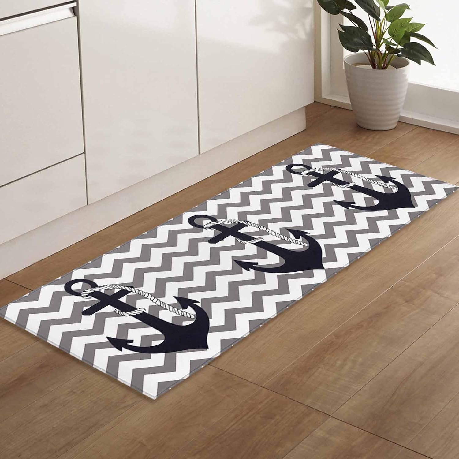 Teamery Kitchen Mats for Floor Nautical Anchor Dark Blue Washable Non Slip Kitchen Rugs 1PCS, Grey Zigzag Chevron Absorbent Standing Mats for Sink Bathroom Office Living Room 15.7x47.2in