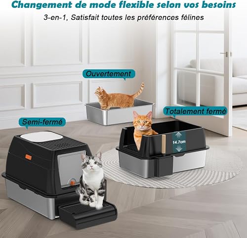 SZEETECH Stainless Steel XL Cat Litter Tray with Lid, Stainless Steel Cat Litter Box, Closed Cat Litter Box, Two Outputs, Shovel + Mat + Pedal Step - 60 x 40 x 39.5 cm (Black) - 7