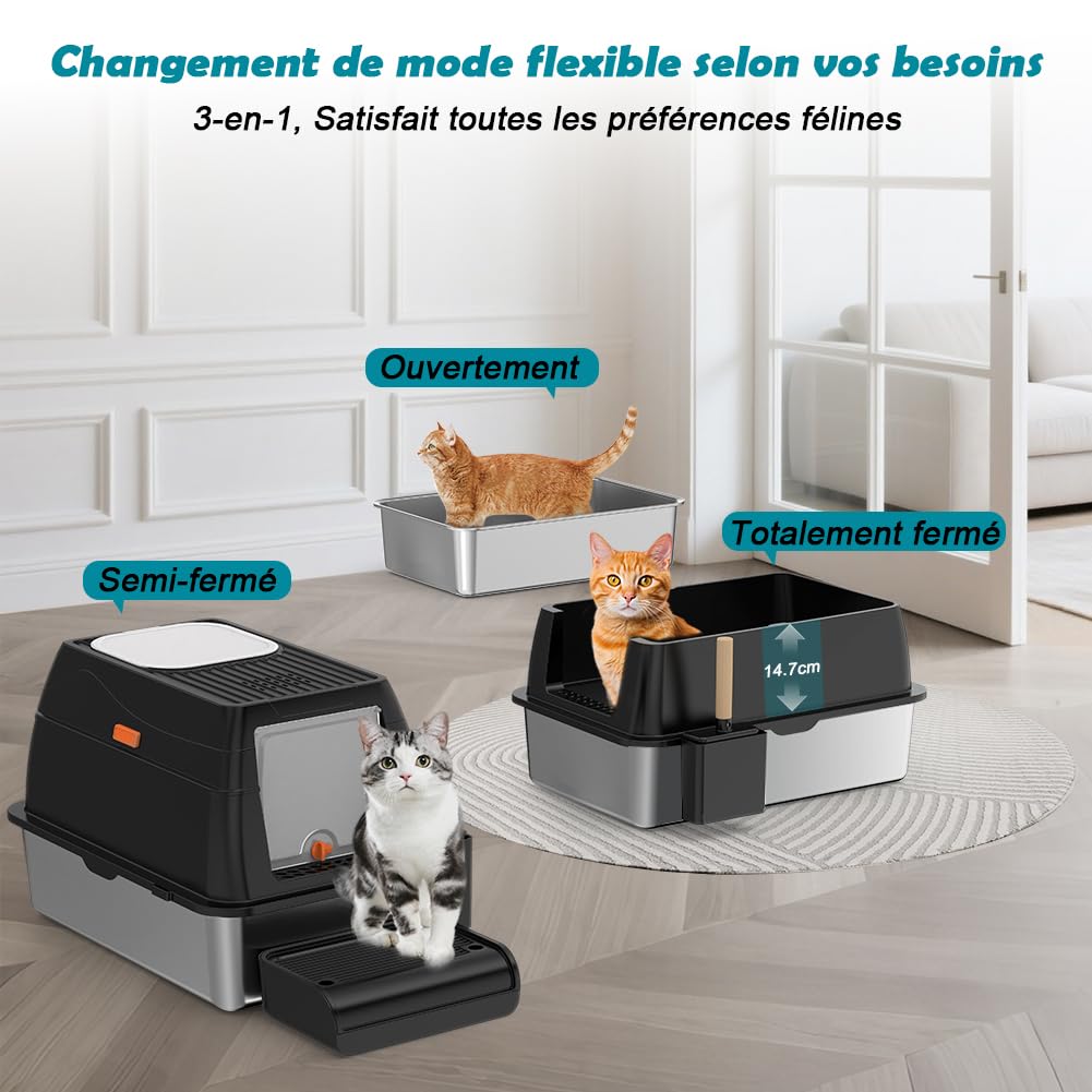 Bac Litiere pour Chat XL, Litière en Acier Inoxydable avec Couvercle, Bac Litiere pour Chat, Cat Litter Box, Pelle+Tapis+Marchepied- 60x40x39,5 cm (Noir)