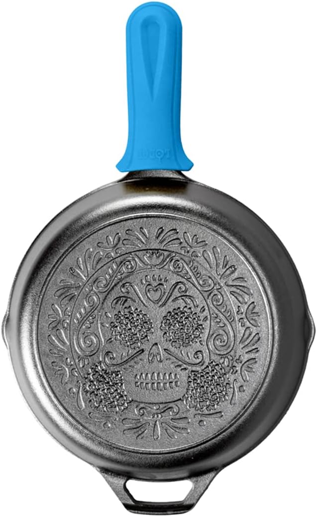 Cast Iron Skillet with Handle Holder, Sugar Skull, 10.25 Inches | Sugar Skull Day of the Dead Design, Cast Iron Skillet with Handle Holder, Oven, Stove, Grill & Campfire