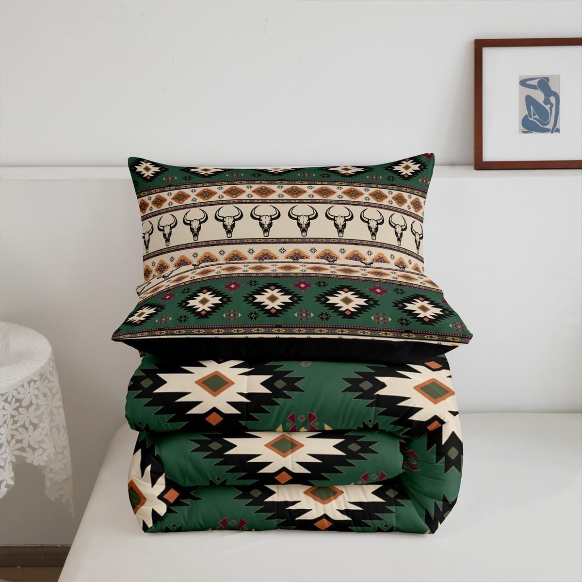 Feelyou Kids Western Bull Skull Comforter Set Queen Size, Southwestern Aztec Bedding Set Boho Tribal Comforter Boys Girls Ethnic Bohemian Rustic Country Teens Duvet Set Bedroom Decor 3Pcs