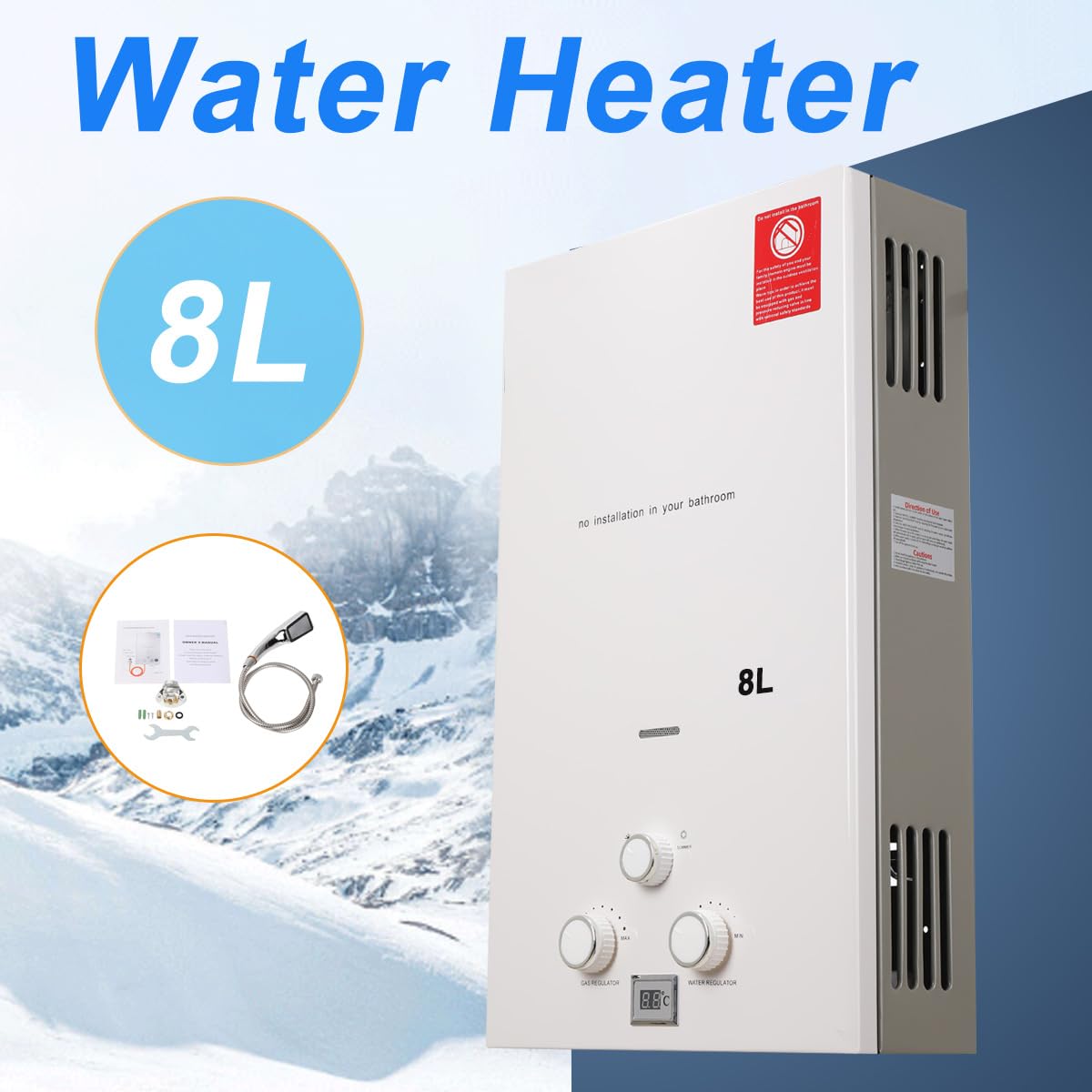 8L 16KW GPL Scaldabagno a Gas, Gas a Parete senza serbatoio Scaldabagno istantaneo,con kit doccia e Display a LED,con Modalità Inverno ed Estate,Per Casa, Camper ed Esterni,bianco