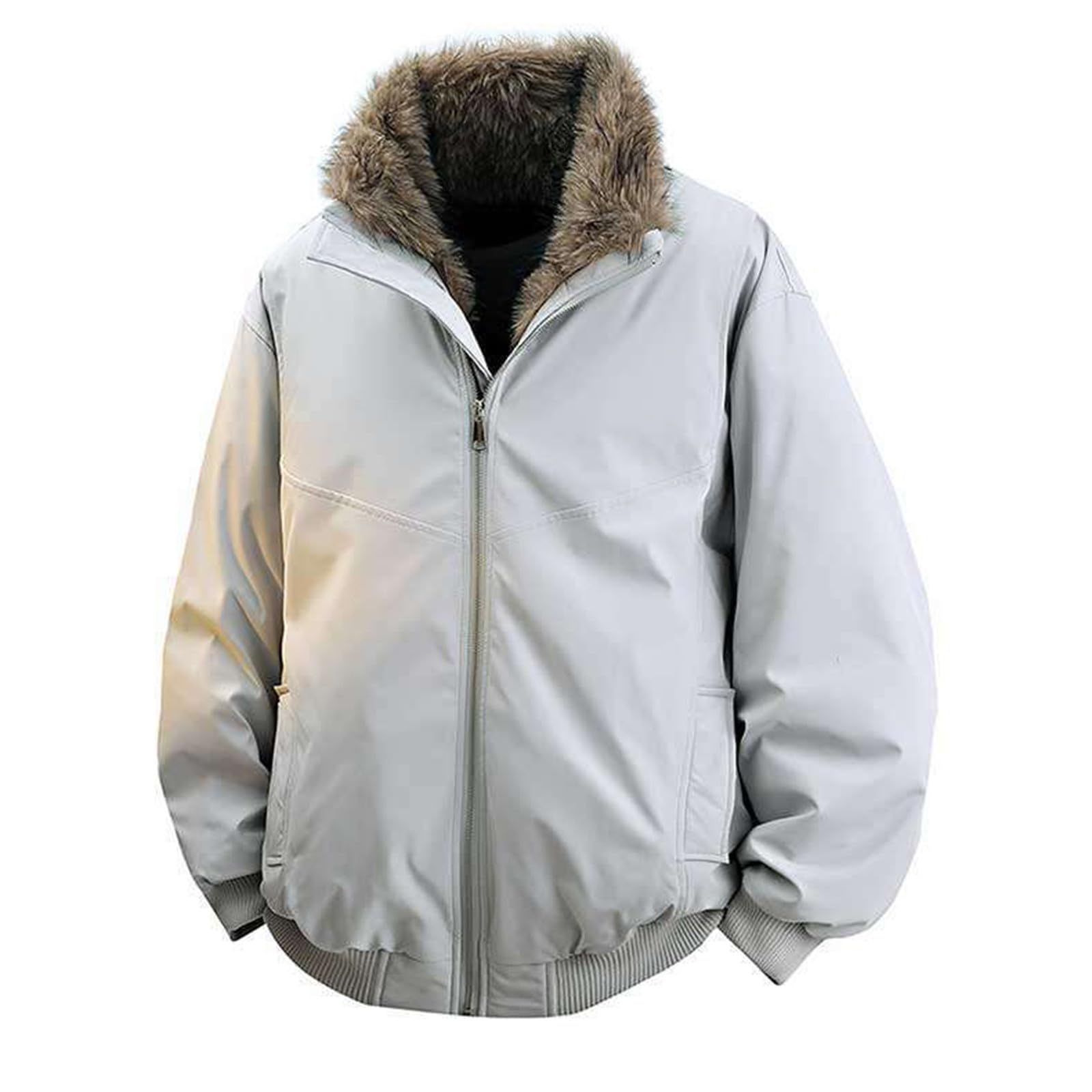 Generisch Chaqueta de plumas de piel sintética para hombre, chaqueta de invierno con cuello alto, chaqueta de entretiempo, chaqueta cortavientos, monocolor, chaqueta bomber, holgada, cálida, chaqueta