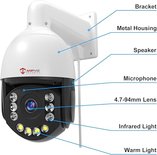 Miniatura 8 de Anpviz Cámara de seguridad IP PTZ PoE de 6MP para exteriores, panorámica de 360 con inclinación de 90 y zoom óptico 20X, seguimiento humano AI y