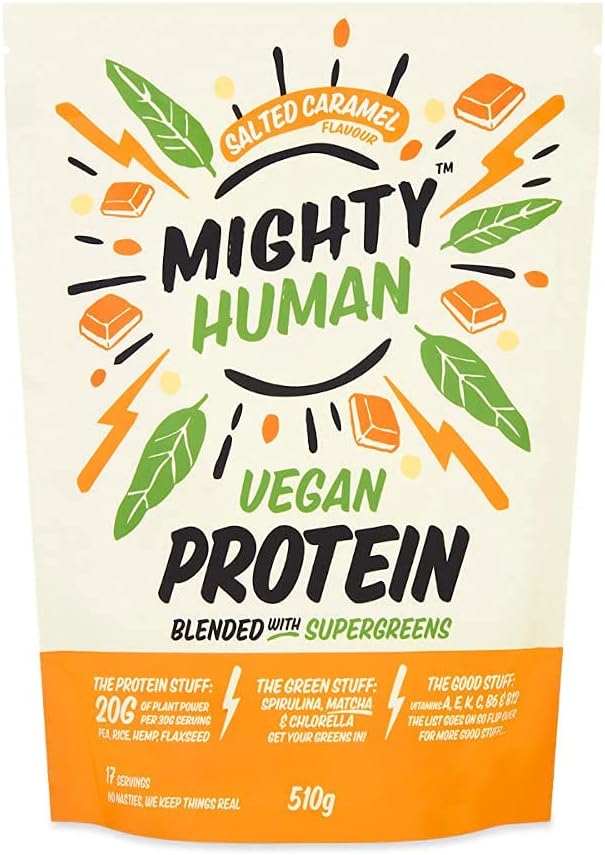 Mighty Human Vegan Protein Powder - Plant-Based with Supergreens, 20g of Protein per Serving, (17 Servings, 510g) (Salted Caramel)