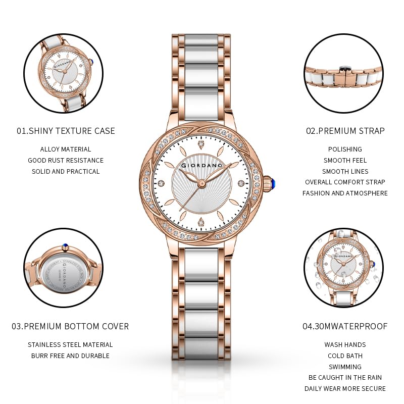 Image of Giordano Flower Case Watch for Women with Crystal-Studded Bezel, Diamond Hour Markers & Dual Tone Stainless Steel Strap
