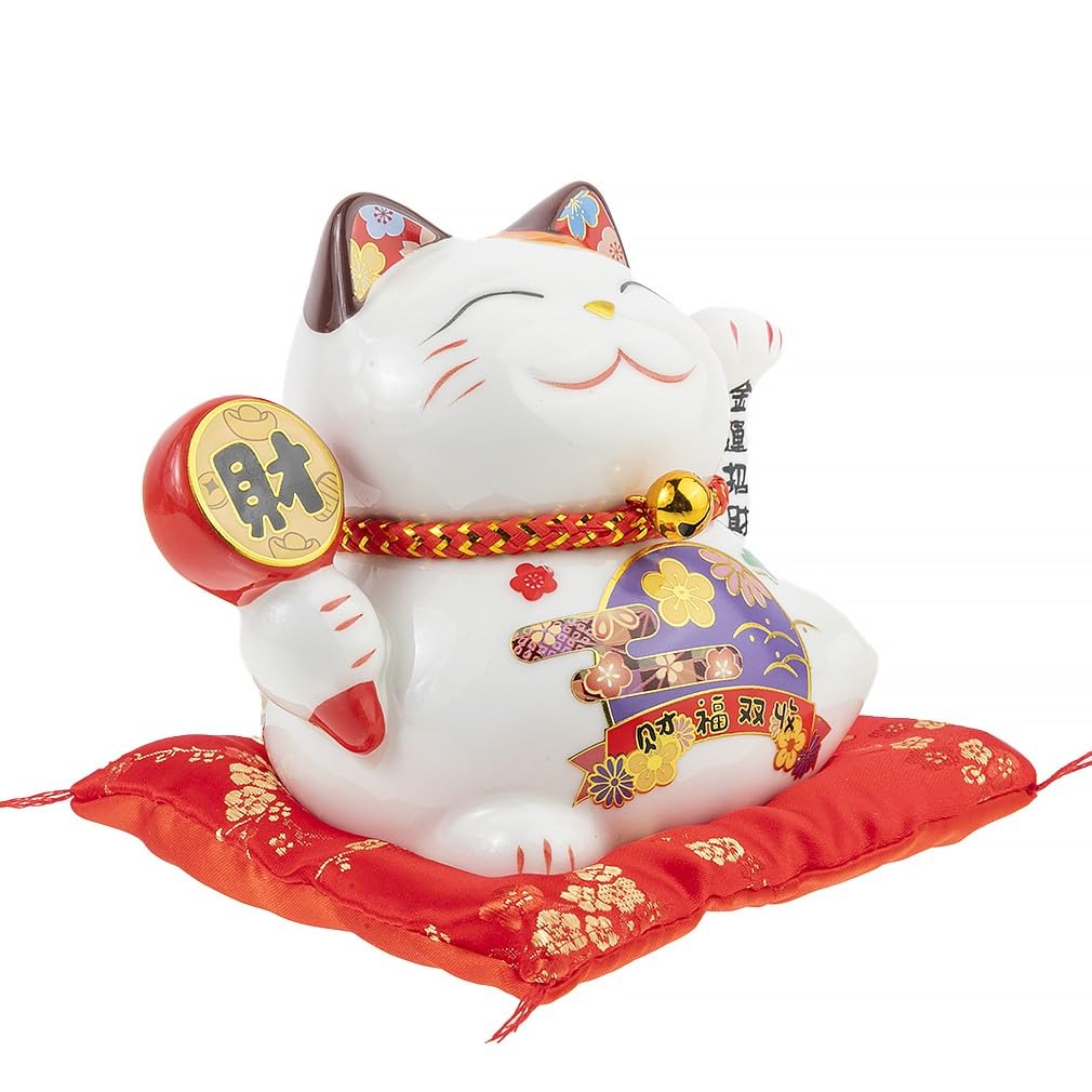lachineuse - Statuetka kota Maneki Neko - symbol fortuny i szczęścia - ruchome ramię - tradycyjny japoński stojak na szczęście - 12x14x10 cm - Porcelana, biała - Działa na baterię LR03 nie wchodzi w