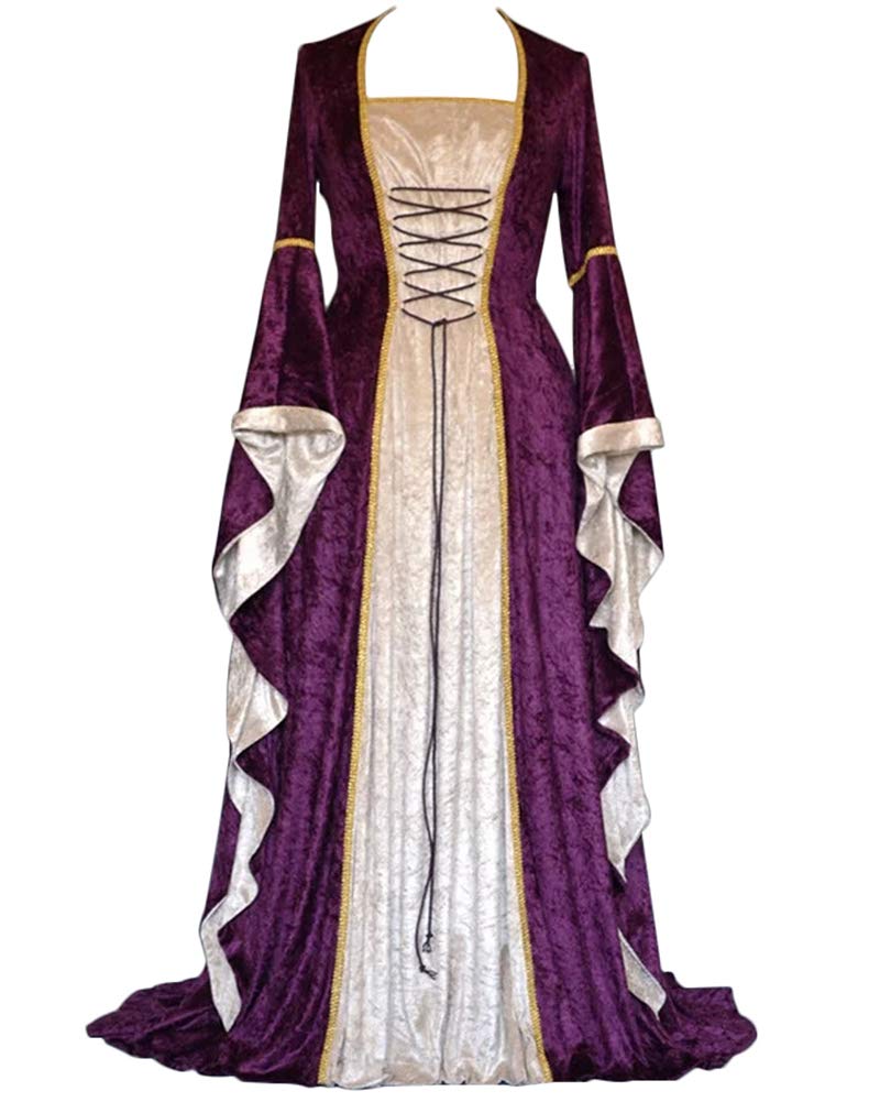 AnyuA Vestido Largo de Renacimiento Disfraz Medieval Cuello Redondo para Mujer