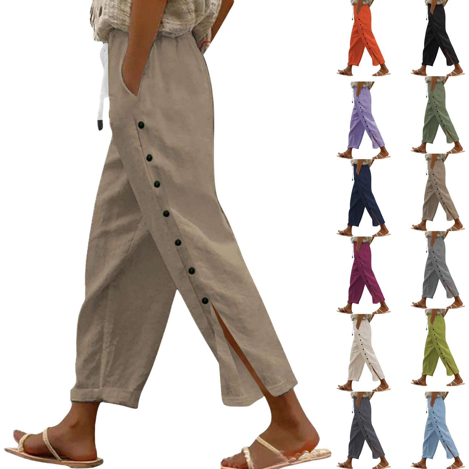 Linen Pants for Women 2025 Spring Summer Lightweight Long Pants Vacation Beach Trousers Side-Buttoned Closure Joggers