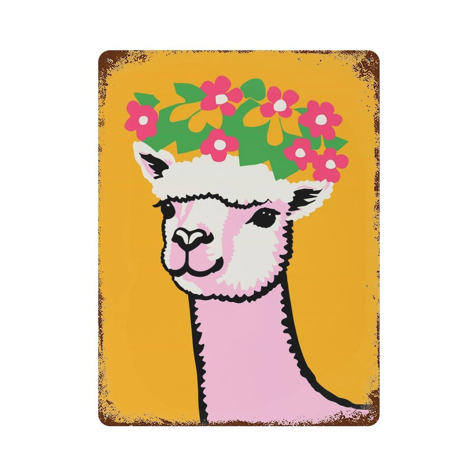 Rust Effect Alpaca with Flower Crown Rusty Metal Tin Sign 15.7"x11.8", Farmhouse Wall Decor for Cafe, Home Bar And Lounge Decor