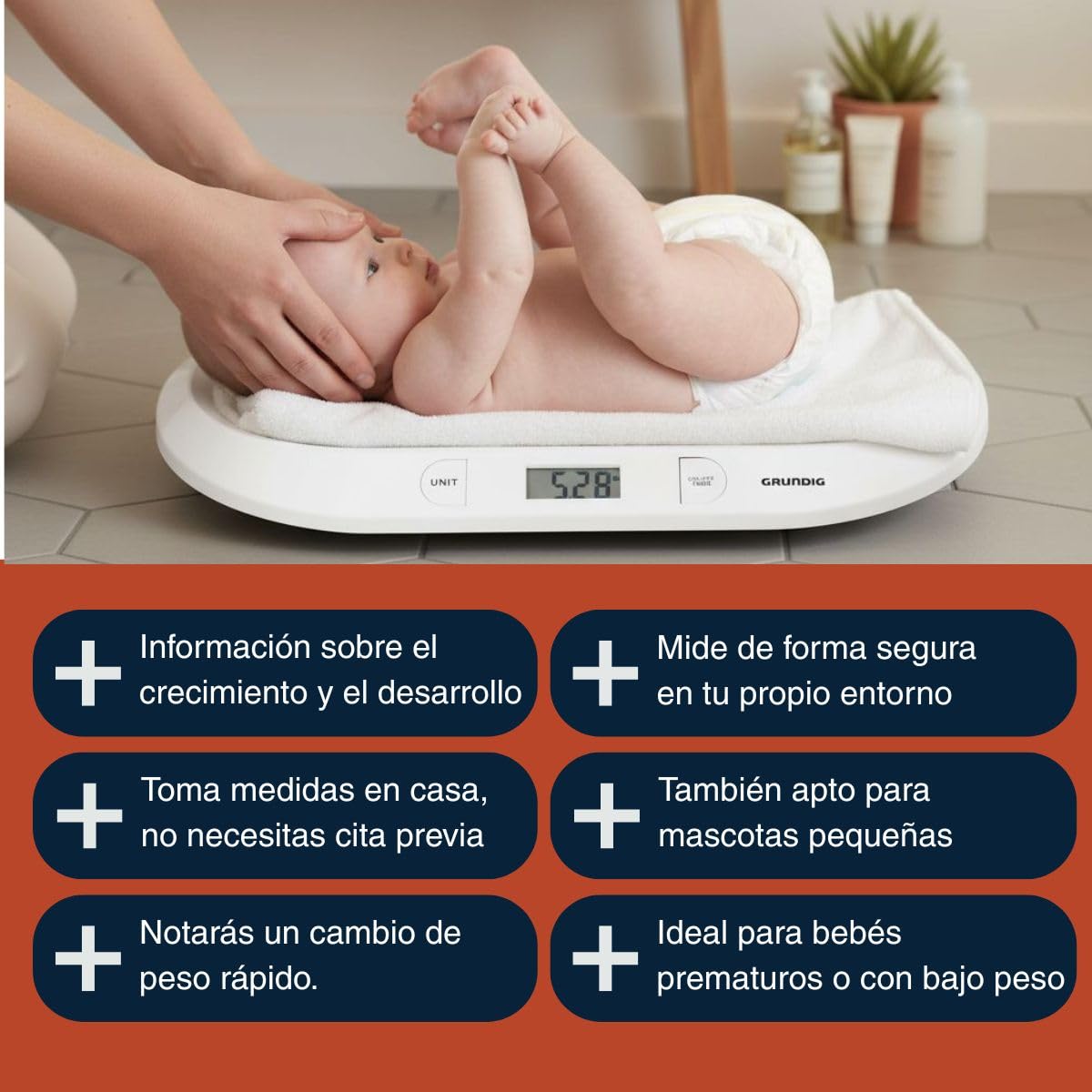 Grundig Bascula Bebe Digital - Bascula Bebe Recien Nacido - Bébes Hasta 20 G - 10 GR de Precisión - Función de Tara - Blanco