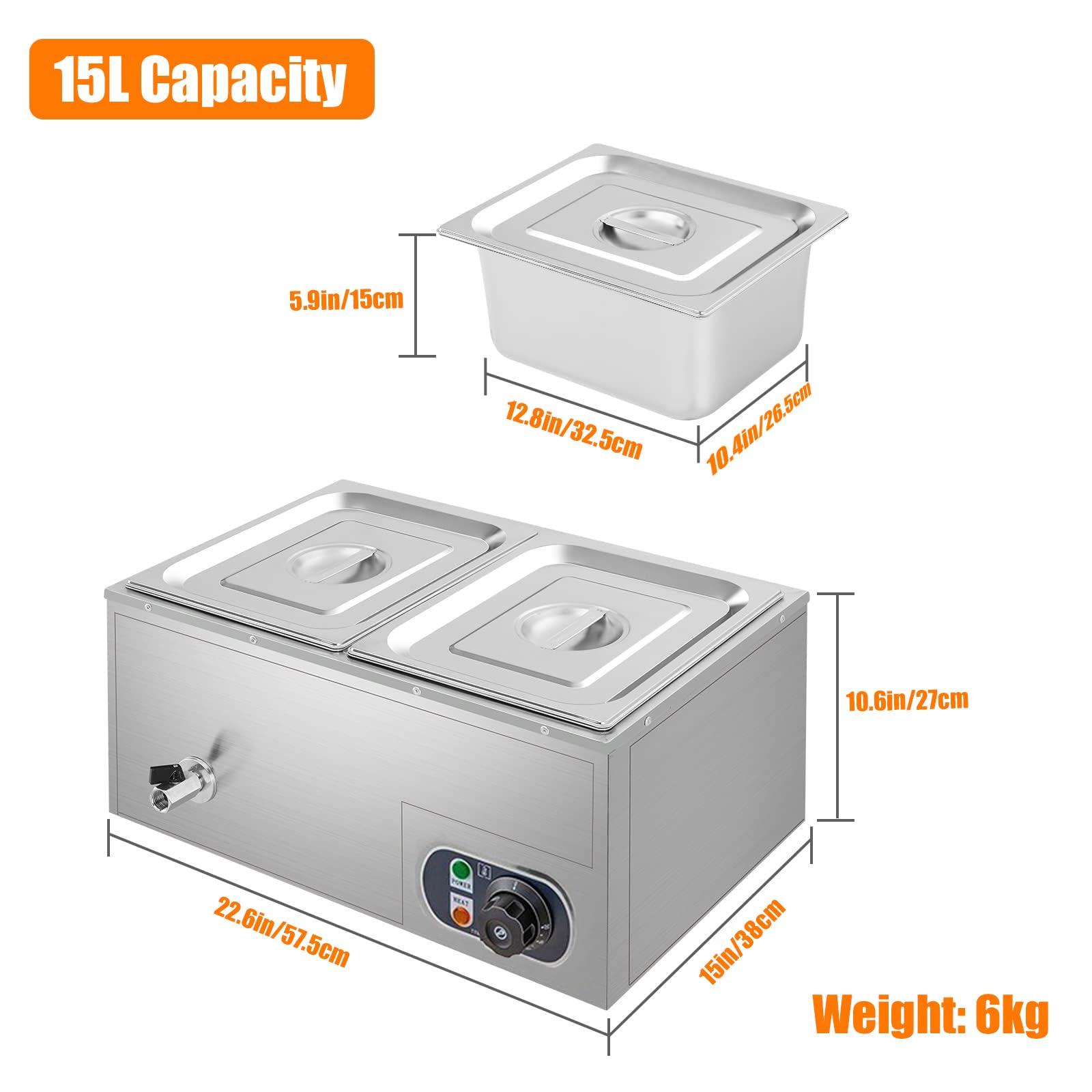 Kommerzieller Speisenwärmer, 800 W elektrischer Bain Marie Buffet Dampftisch, 15 l Edelstahl mit Temperaturregelungsdeckel für Restaurants und Partys