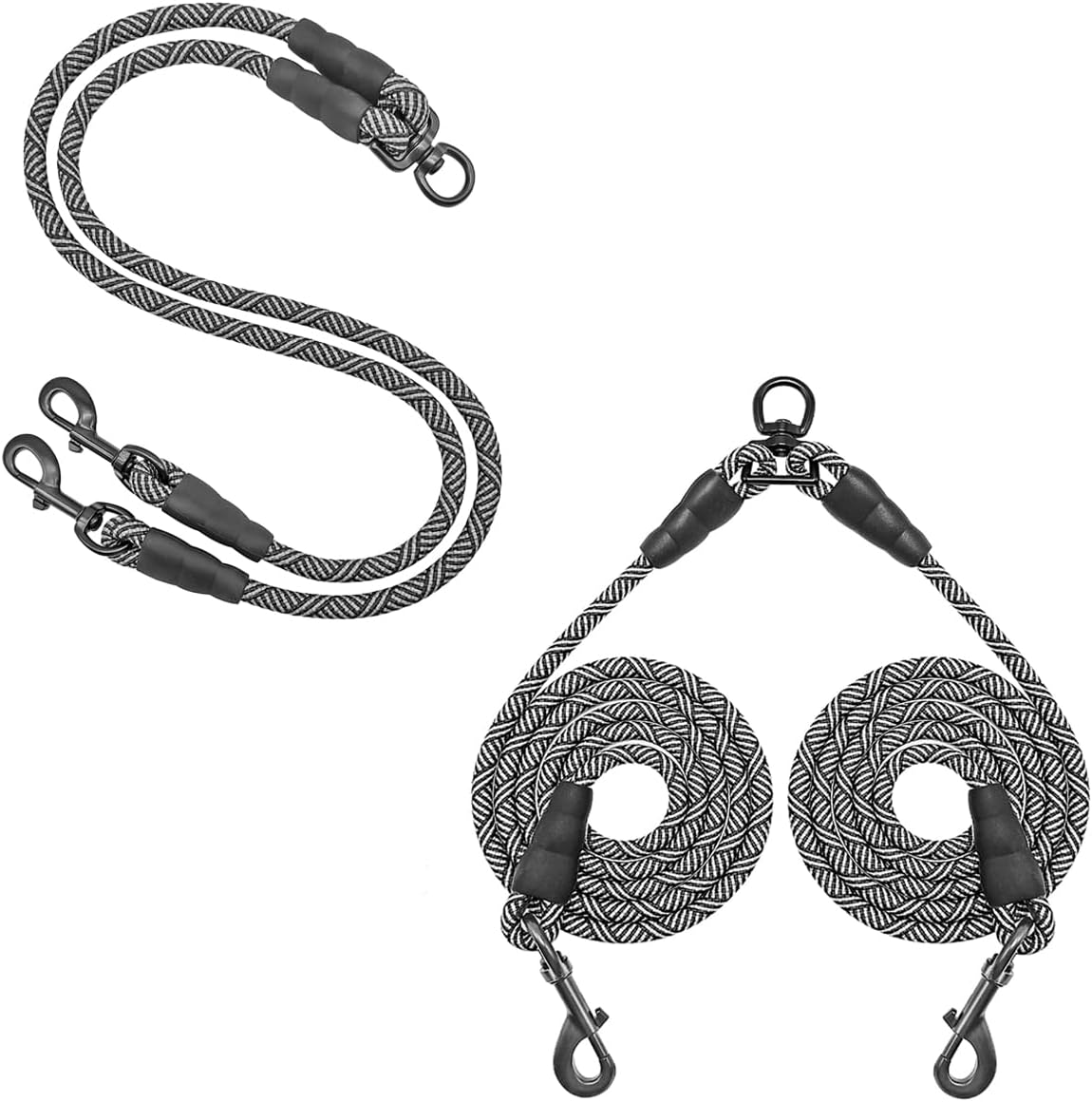 Double Dog Leash Coupler (33inch+60inch) No Tangle 360° Swivel Rotation Dual Strong Dog Leash Splitter (Black)
