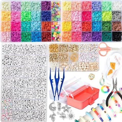 mahaohao Clay Beads for Bracelet Making Kits Bracelets Necklace, 44 Colors 14000 Pcs Flat Heishi Beads Jewelry Accessory Smiley Face Letter Beads Pendant Charms and Elastic Strings (Pink) Cover