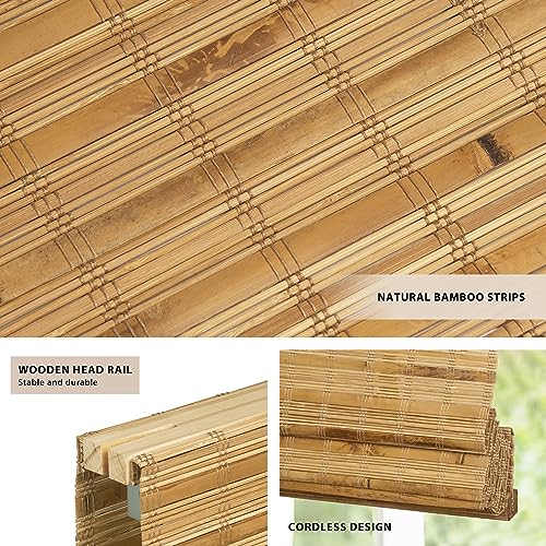 Image of LazBlinds No Tools No Drill Cordless Bamboo Roman Shades, Light Filtering Window Treatment, Roll Up Bamboo Blinds for Windows 37'' W x 64'' H, Dali Native