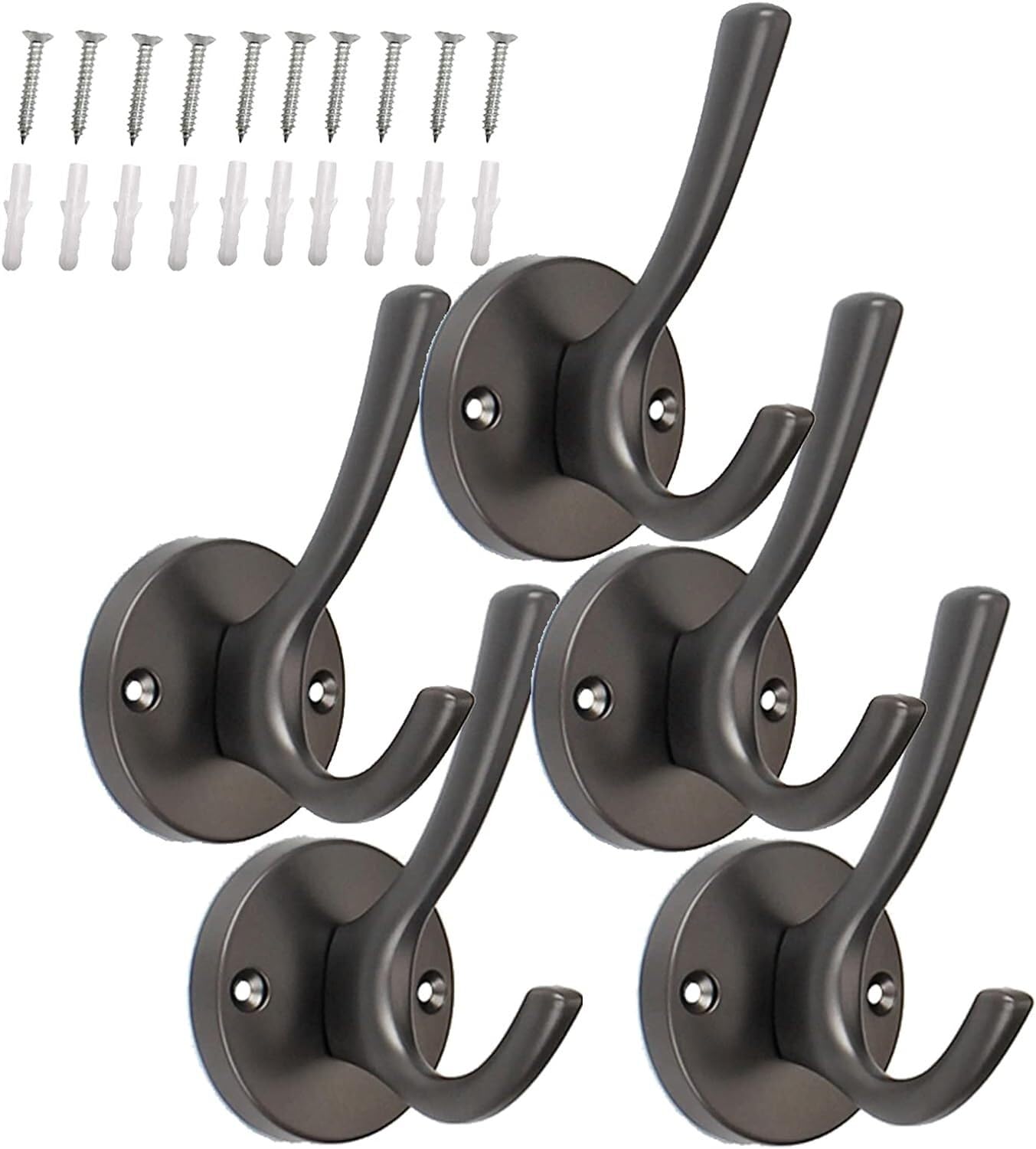 LCANALLYMS Wall hooks, 5 Pack Big Heavy Duty Dual Coat Hooks Wall Mounted with Screws Robe Rustic Utility for Hanging Towel Hat Cup Key(B)