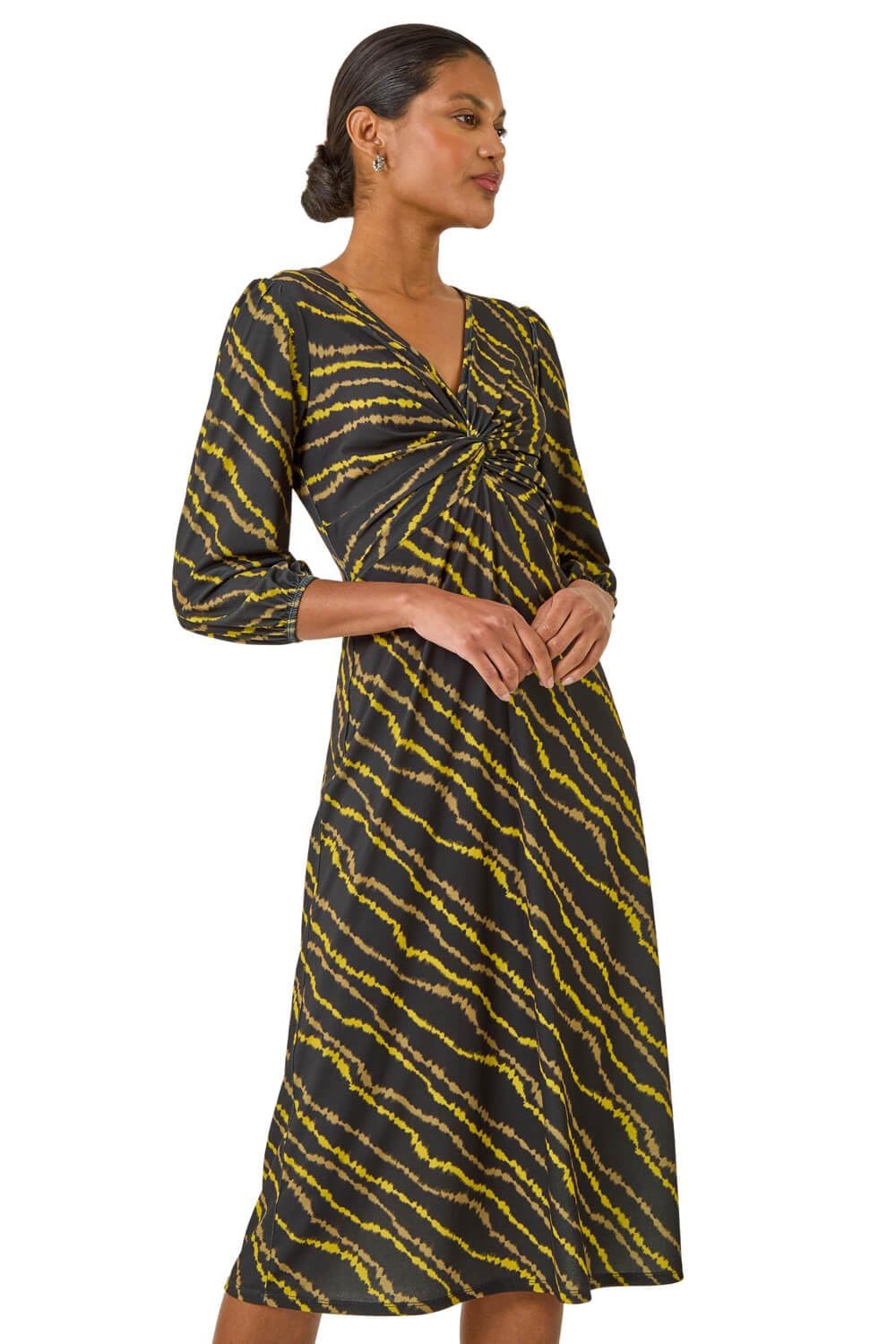 Roman Fit and Flare Dress for Women Ladies Chest Twist Knot Ruched Tea Skater Empire Waist Wedding Guest Smart Casual Swing Midi 3/4 Long Sleeve Knee Length - Yellow - Size 18