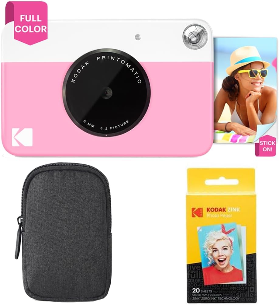Printomatic Instant Camera (Pink) Basic Bundle + Zink Paper (20 Sheets) + Deluxe Case