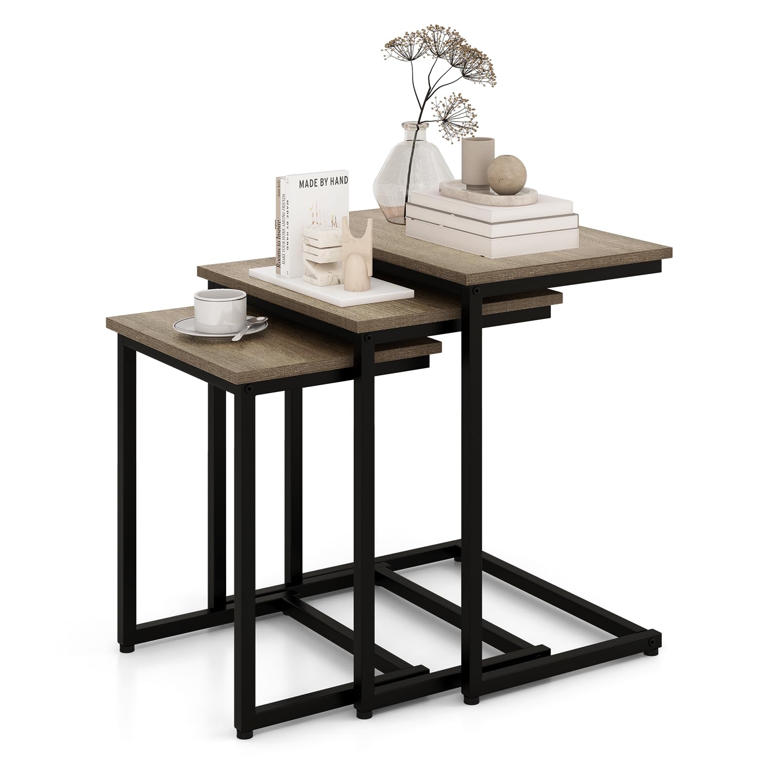 Giantex Nesting Coffee Table Set of 3, Stackable Square End Table w/Wood Grain Tabletop & Heavy-Duty Metal Frame, Farmhouse C-Shaped Accent Table for Small Space, Living Room, Bedroom (Black Oak)