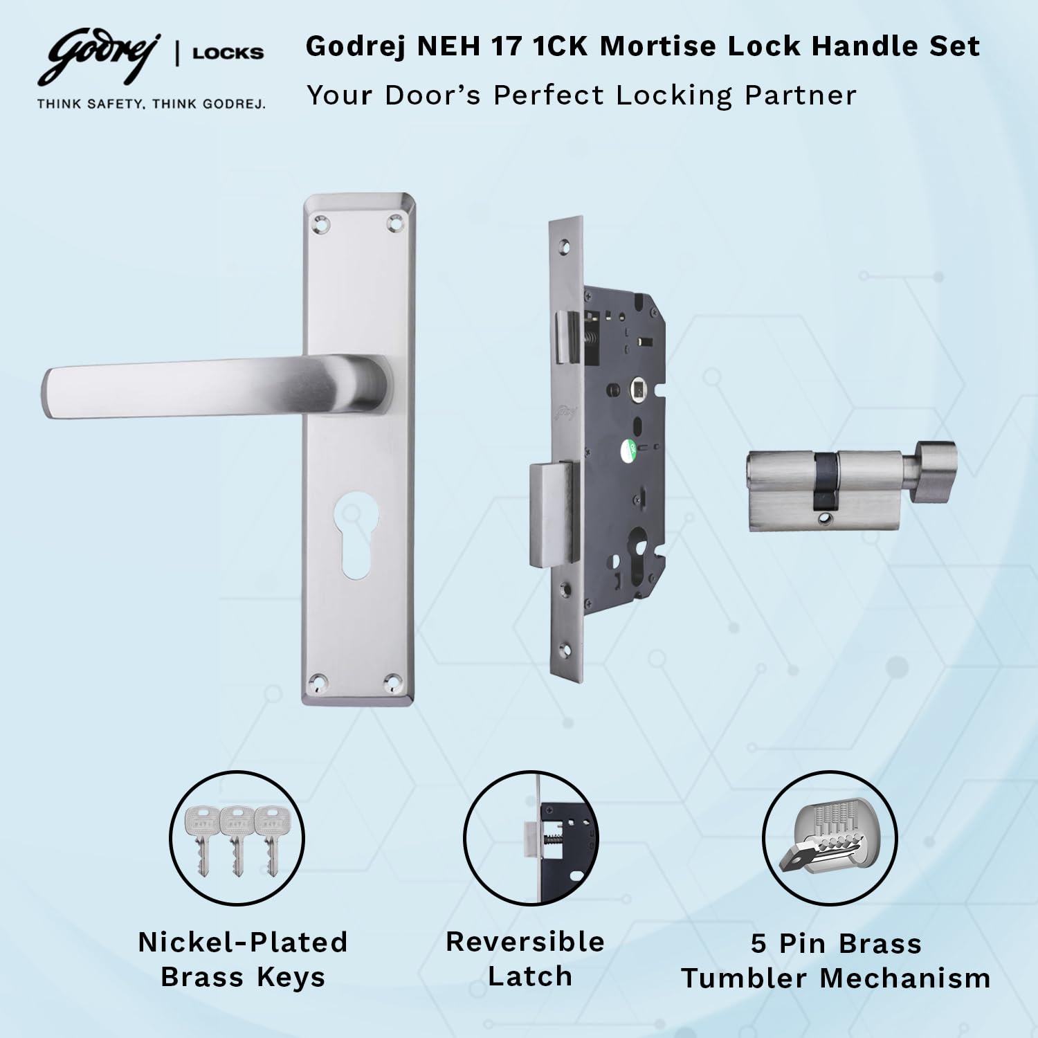 Godrej Mortise Door Lock Handle Set | 200mm NEH-17 1CK Europrofile | 5 Pin Brass Tumbler Mechanism 60mm | Suitable for Left & Right Handed Doors | Satin Steel Finish | 1 Year Warranty 2