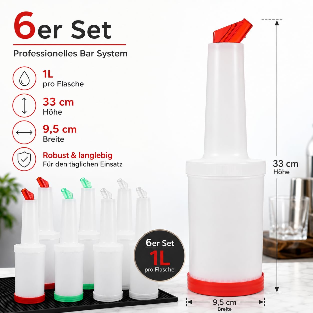BESTonZON Saftflaschen 1L mit Ausgießer & Deckel – 6 Bunte Kunststoff Flaschen Set zum Befüllen, Lagern, Mischen von Saft, Sirup, Cocktails & Dressing Küche, Haushalt & Wohnen