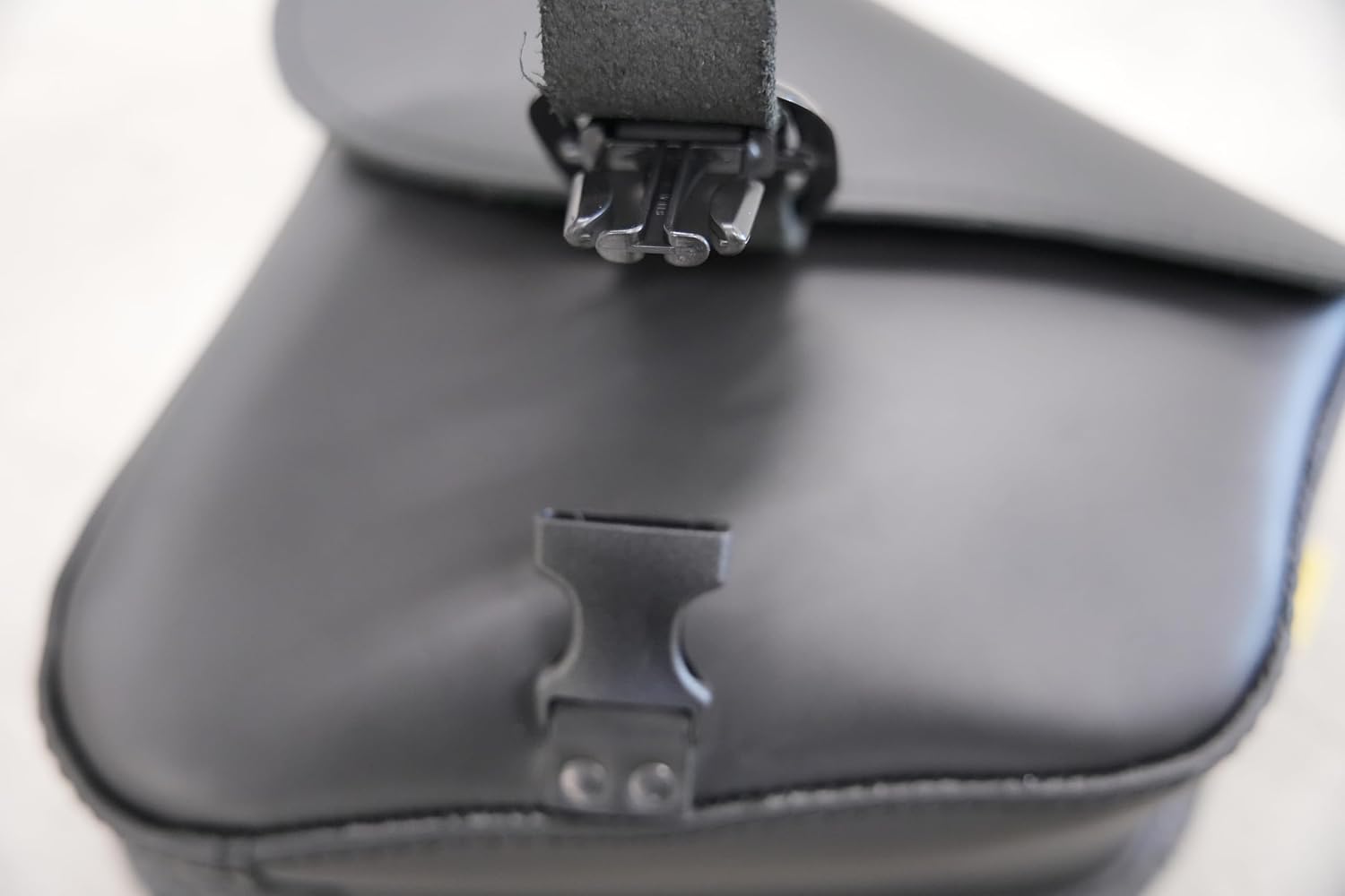 Black Leather Motorcycle Swingarm Bag for Softail/Triangulated Swingarm Models - Matte Black Buckle - Made in USA by Willie & Max [59893-00]