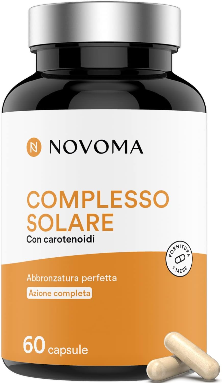 NOVOMA Complesso Solare, Accelera l'abbronzatura, Formula sinergica di 7 ingredienti - Beta-Carotene, Bardana e Rame, Preparazione e Protezione della Pelle al Sole, 90 Capsule Vegane