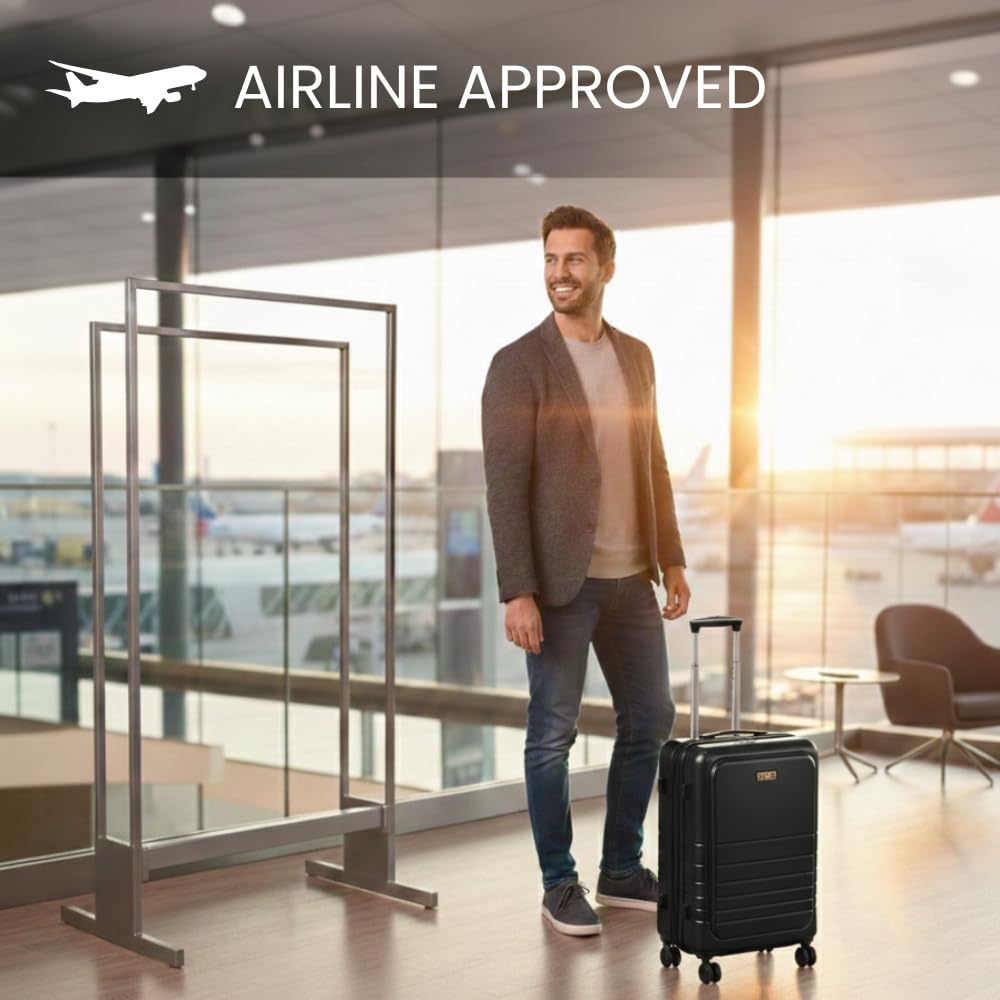Fagoza Hardside - Equipaje de mano aprobado por aerolíneas de 22 x 14 x 9 pulgadas con bolsillo frontal, puerto de carga USB y portavasos, Negro, 22x14x9, Equipaje de mano abierto frontal rígido PC
