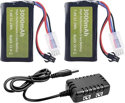 2PCS 7.4V 3000mAh 15C 2S SM-2P Plug Li ion Battery and 2-in-1 Charger Suitable for H105 H103 H101 RC Ship MN D99 D99s D90 D91 RC Engineering Vehicle Truck RC Ship