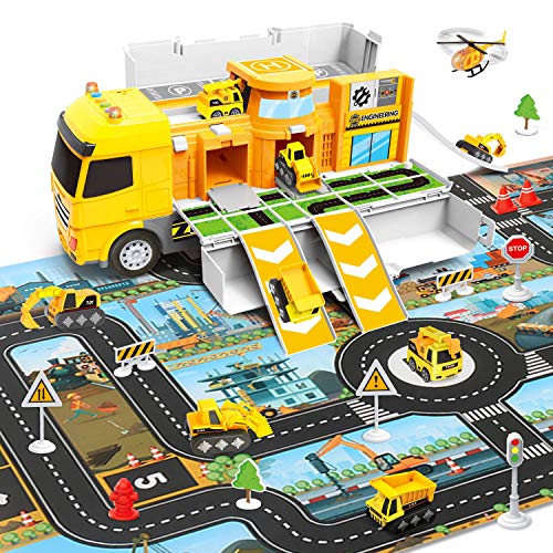 Dwi Dowellin Construction Truck Toys and Play Mat | Multifunction Scenestorage Truck with Sounds and Lights | Die-cast Vehicle Car Toys Set | Birthday Gift Toys for Boys 3,4,5,6,7 Year Olds