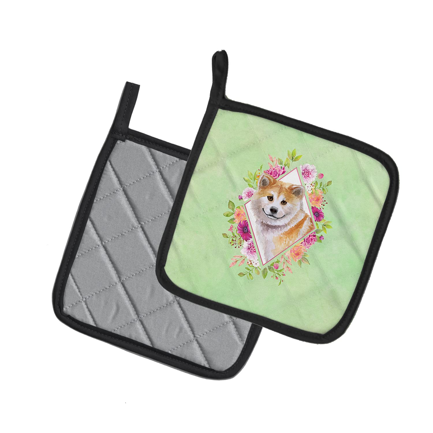 Caroline's Treasures CK4343PTHD Shiba Inu Grüne Blumen, 1 Paar Topflappen, Küche, hitzebeständige Topflappen, Ofen, heiße Pads zum Kochen, Backen, Grillen, 19 x 19 cm