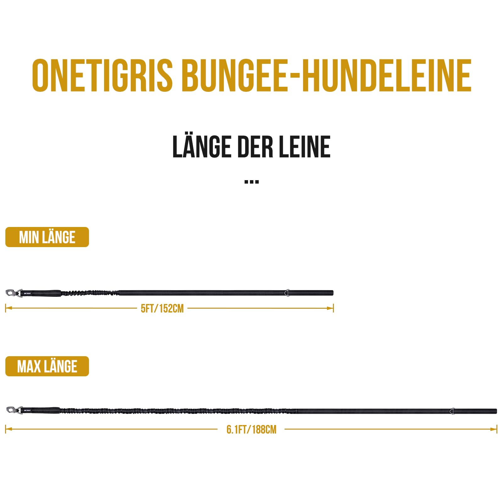 OneTigris Smycz dla Psa 152-188 cm, Bungee Jumping Design z Metalowym Klipsem i 2 Miękkimi Wyściółkami, Odblaskowa Nylonowa, dla Średnich i Dużych Psów, Czarna