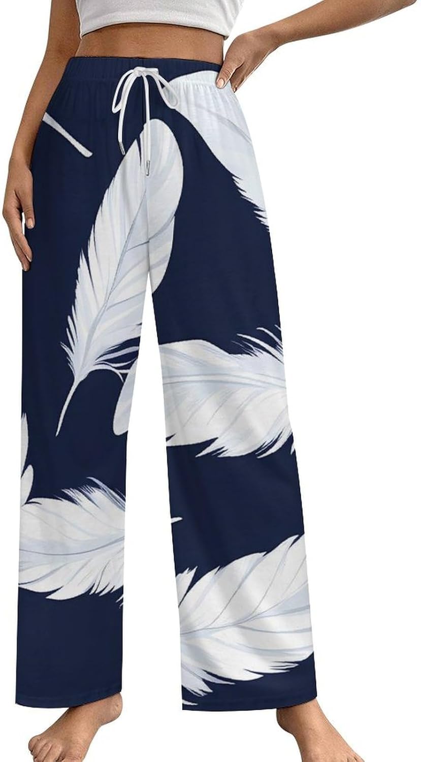 White Feathers Cotton Pajama Pants Women Long Lounge Pj Bottom with Elastic Waistband Sleepwear