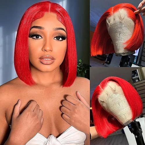 Miniatura 3 de Lovigs Pelucas de cabello humano con encaje frontal de color rojo, línea capilar natural, peluca de cabello lacio rojo para mujer, peluca brasileña