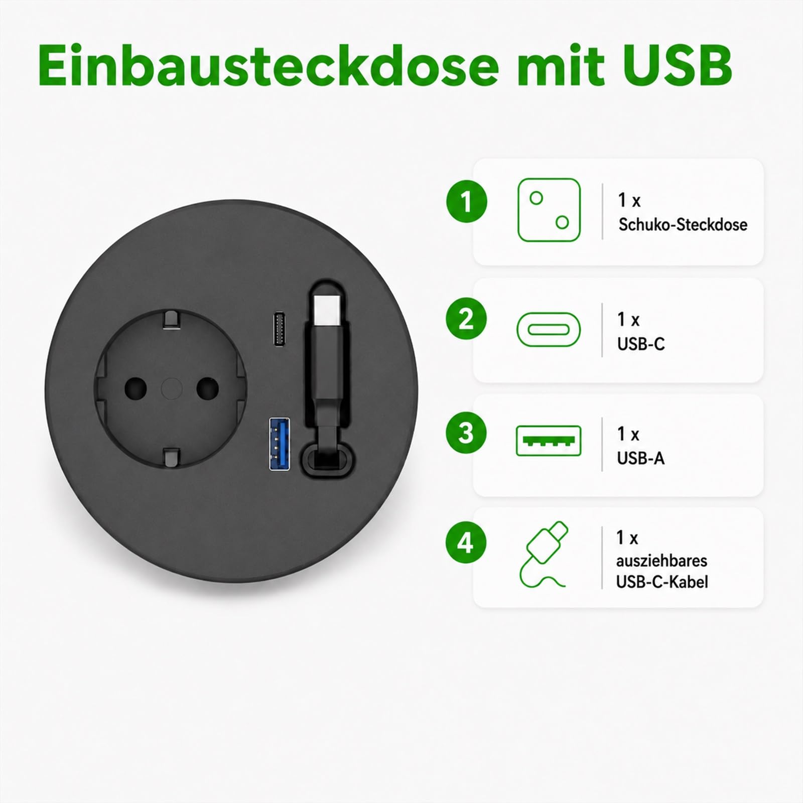 Einbausteckdose mit einziehbarem USB-C-Kabel für Schreibtisch