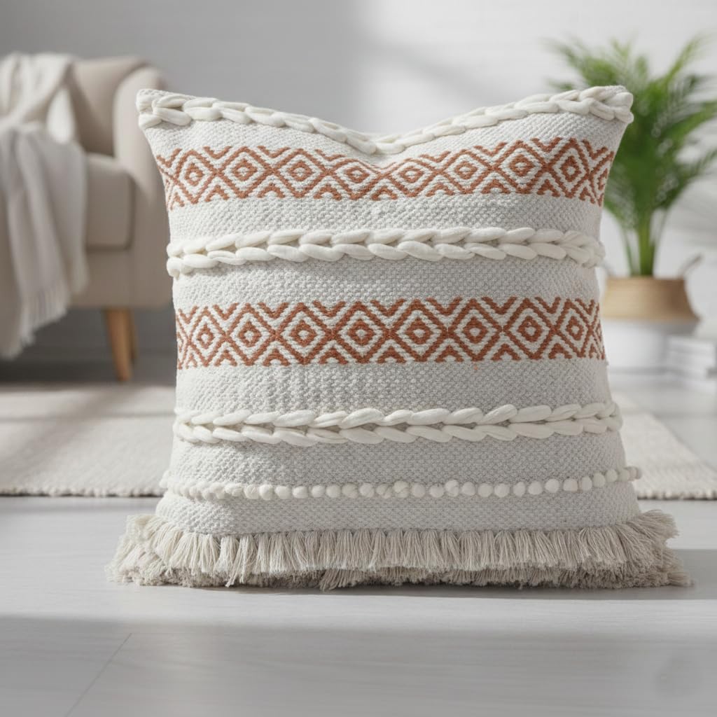 TreeWool Baumwoll-Kissenbezug im Bohème-Stil, gewebt und getuftet, für Sofa und Wohnzimmer (45 x 45 cm, Kaavi/Rost und Naturcreme, 1 Stück) – ohne Füllung