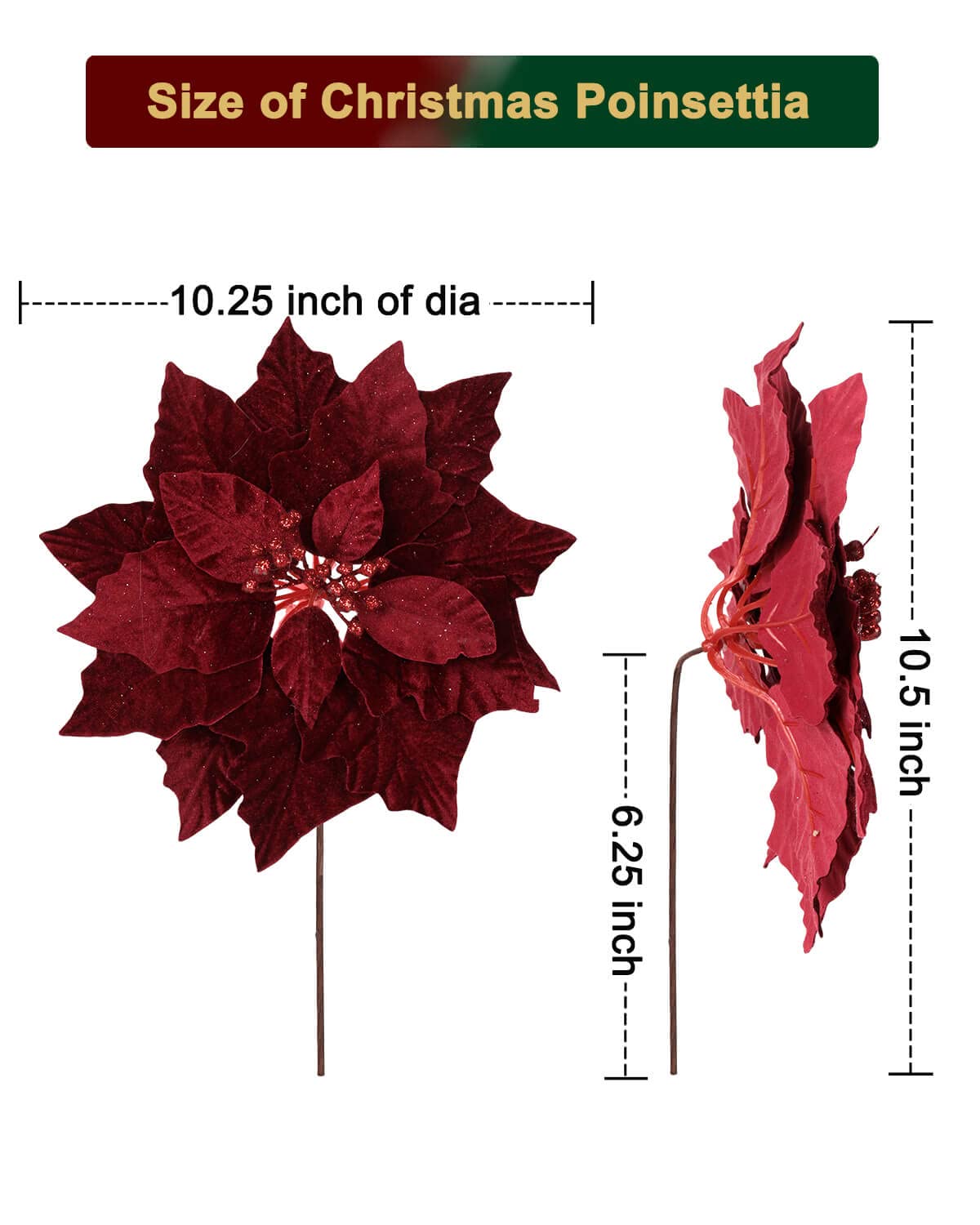 Lot de 6 fleurs de poinsettia artificielles pour sapin de Noël de 25,4 cm - Rouge foncé - Sans paillettes