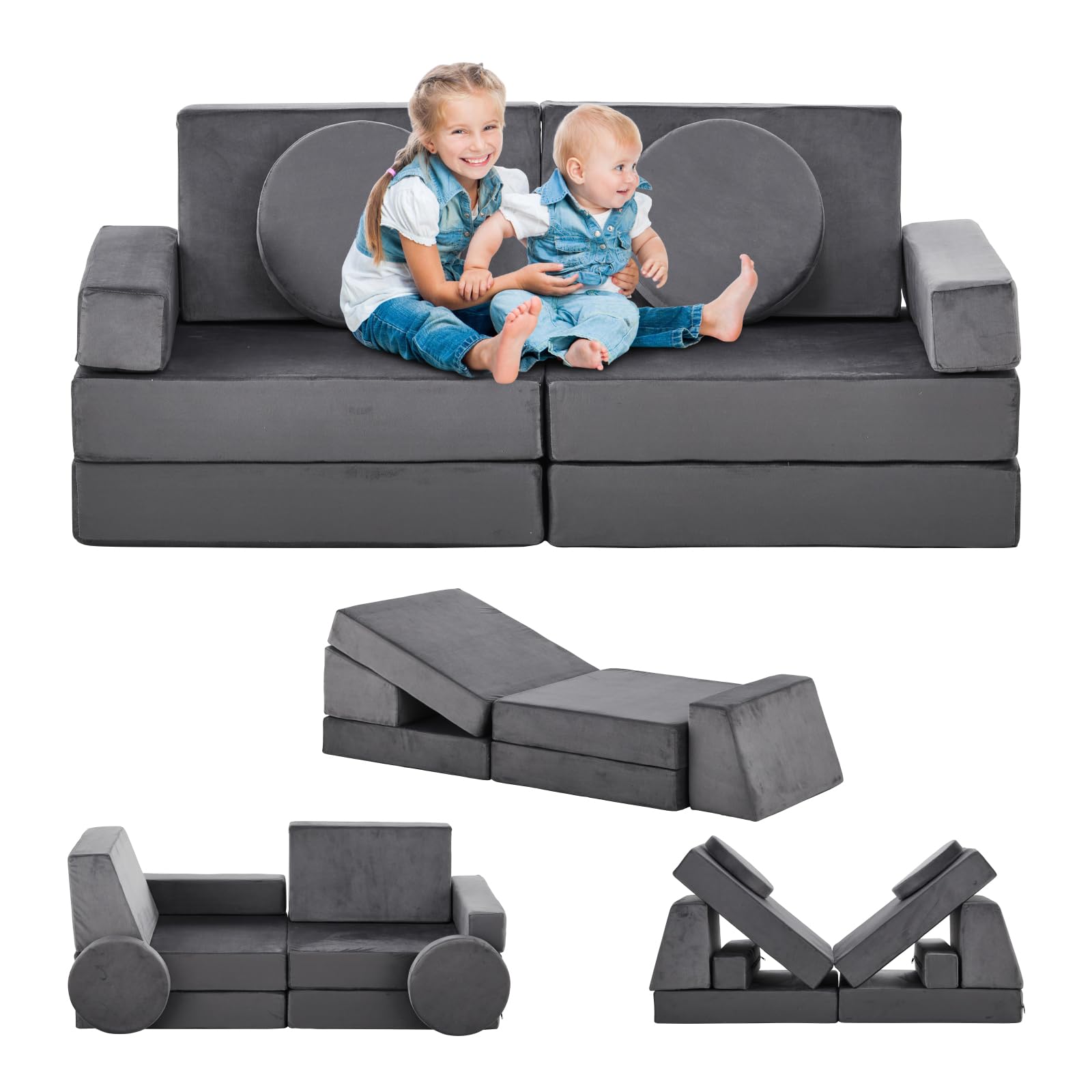 CLIPOP Kids Couch 10pcs Modular Kids Play Couch Set, Kids Couch Building Fort, Instant Rebound Foam, Versatile Child Sectional Sofa for Bedroom Playroom, Stylish Baby Boy Girl Gifts (Grey)