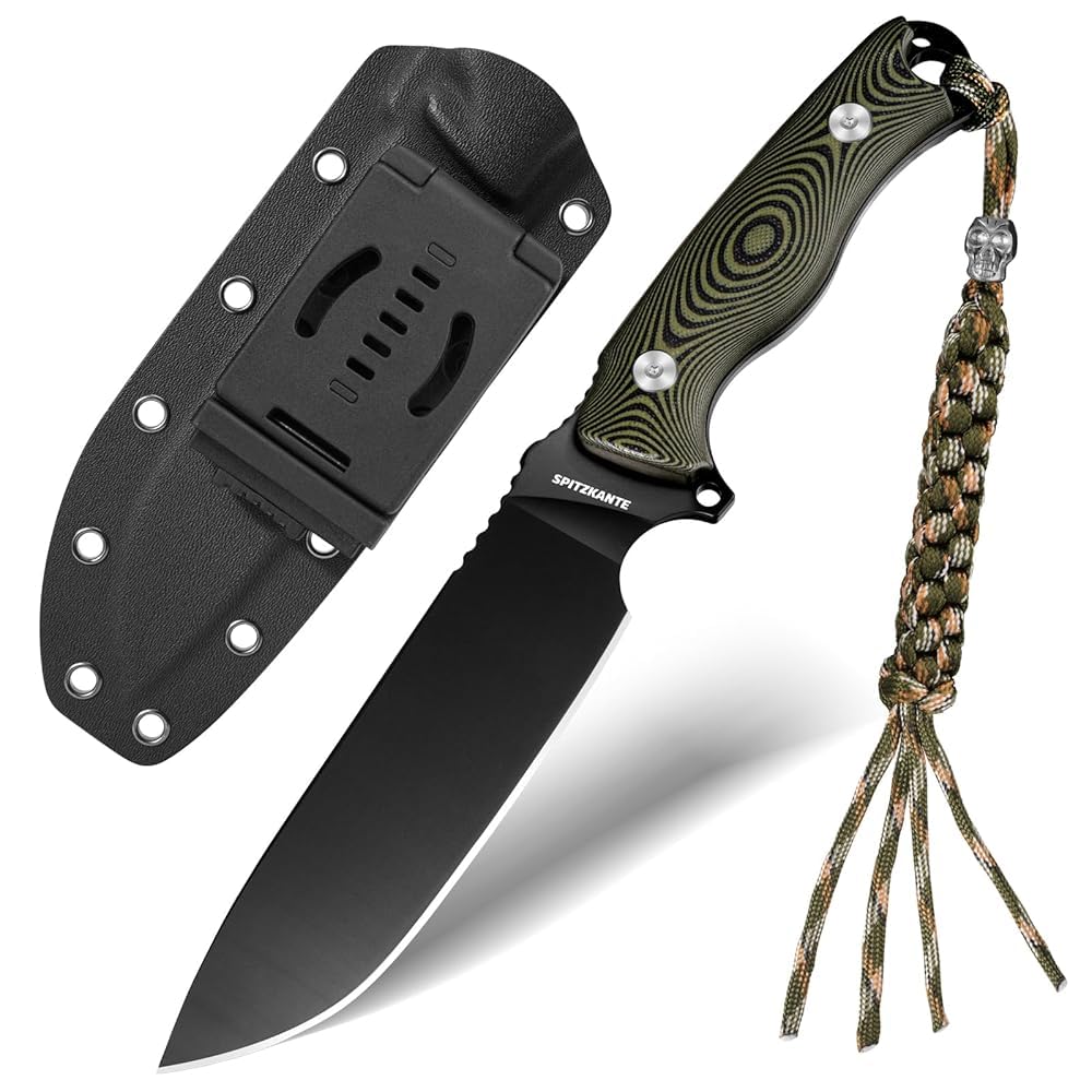 Coltello a Lama Fissa, Nero, con Fodero Kydex, Lama 15.1cm, Manico G10 Verde, per Sopravvivenza e Outdoor