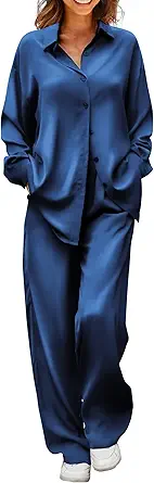 Ekouaer Womens Satin Silky Pajama Set 2 Piece Print PJs Soft Loungewear Button Down Sleepwear with Elastic Waist Long Pants
