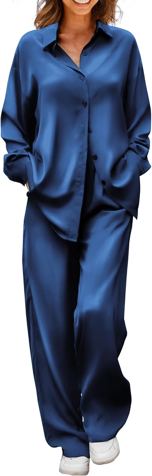 Ekouaer Womens Satin Silky Pajama Set 2 Piece Print PJs Soft Loungewear Button Down Sleepwear with Elastic Waist Long Pants