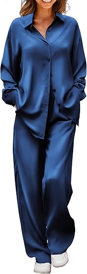 Ekouaer Womens Satin Silky Pajama Set 2 Piece Print PJs Soft Loungewear Button Down Sleepwear with Elastic Waist Long Pants