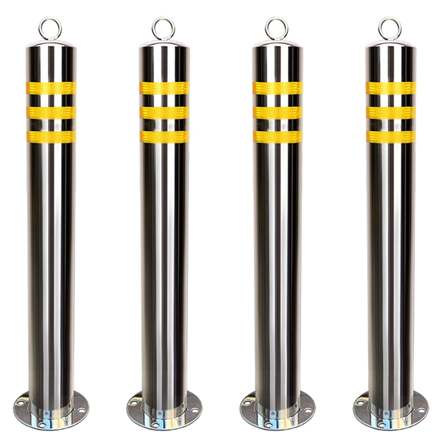 SGKOMN High Visibility Yellow Steel Bollard Post - Reflective Traffic Control Barrier with Hanging Ring for Driveway Safety, 23.6 * 3in(4pcs)