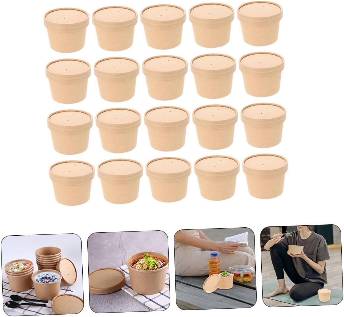 Zerodeko Disposable Ice Cream Bowls with Lids 8oz Kraft Paper Thickened Soup Cups 50pcs Set for Takeout Dessert Storage