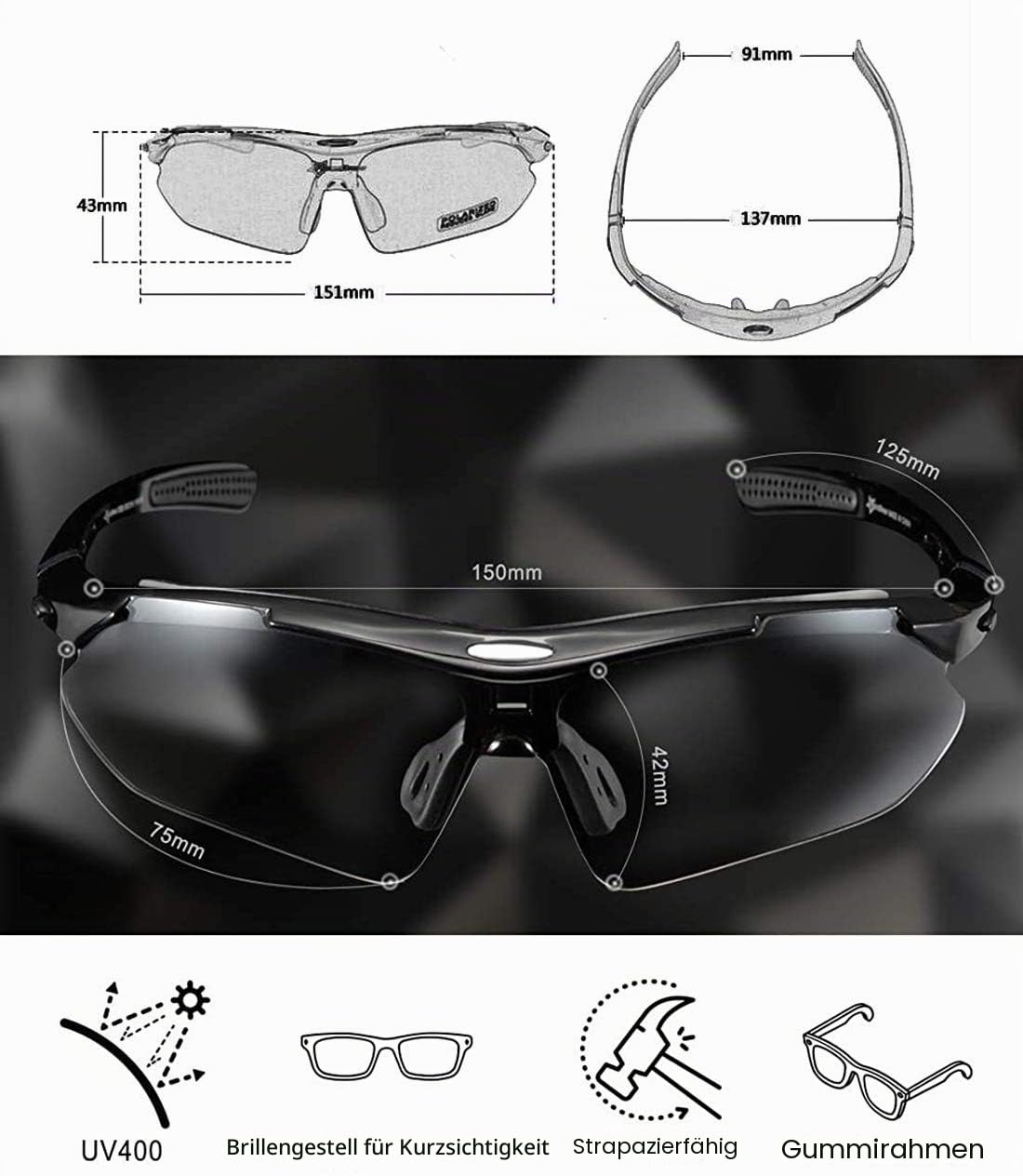 ROCKBROS Fahrradbrillen Polarisierte Sonnenbrille mit 5 Wechselgläsern Damen Herren Sportbrillen Radbrille für Outdoor-Sport Radfahren Laufen Angeln