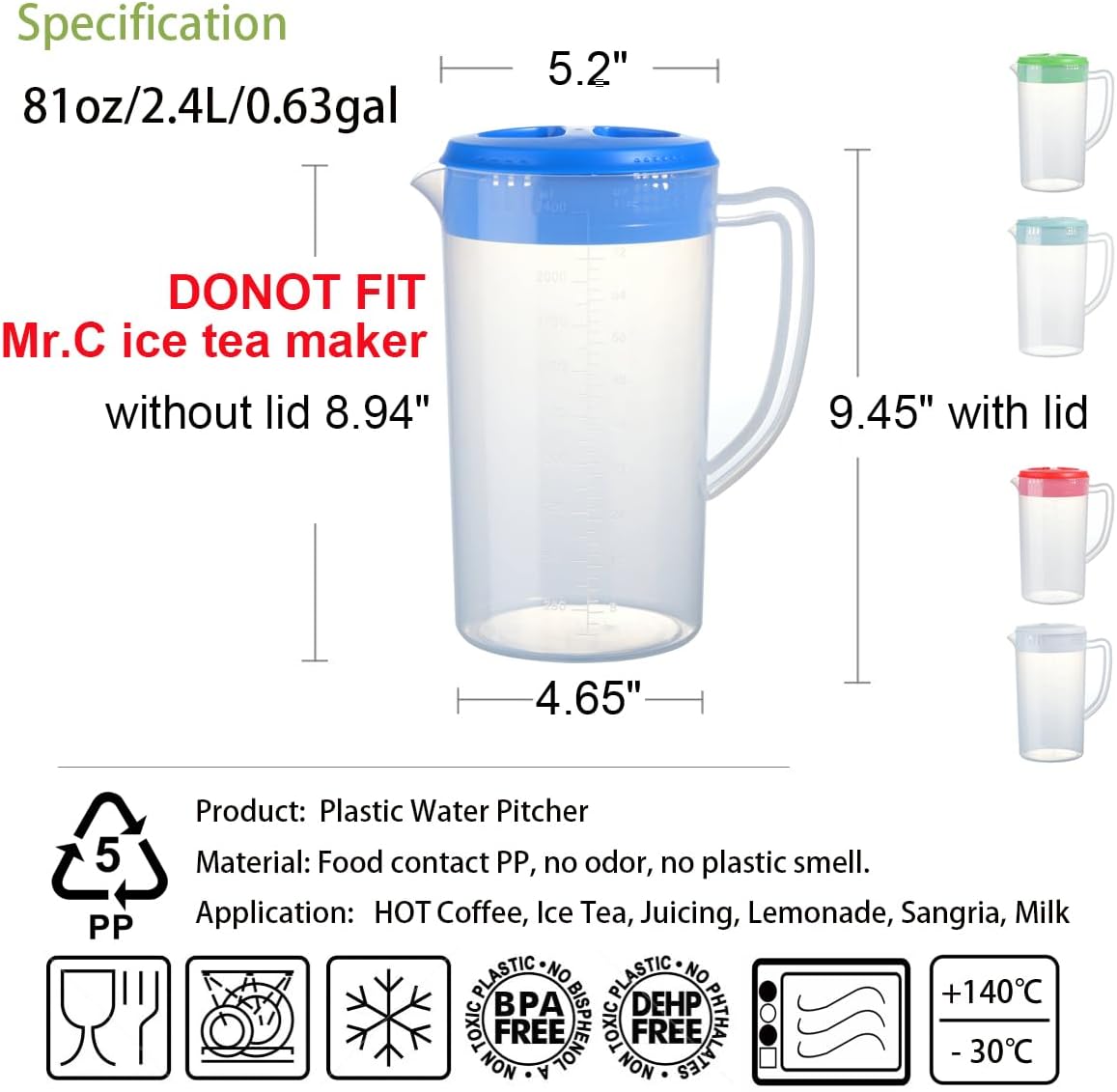 0.66 Gallon/2.5 Litre Plastic Pitcher with Lid BPA-FREE Eco-Friendly Carafes Mix Drinks Water Jug for Hot/Cold Lemonade Juice Beverage Jar Ice Tea Kettle (Blue, 81oz) - Image 2