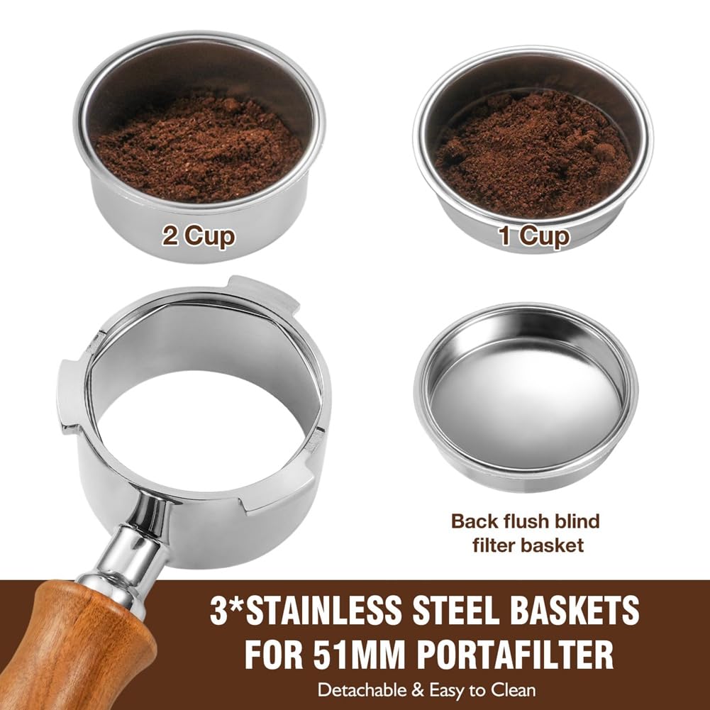 Portafiltro Sin Fondo de 51 Mm, Portafiltro Profesional para Espresso con Cesta de Filtro, Rejilla y Embudo Dosificador de Espresso